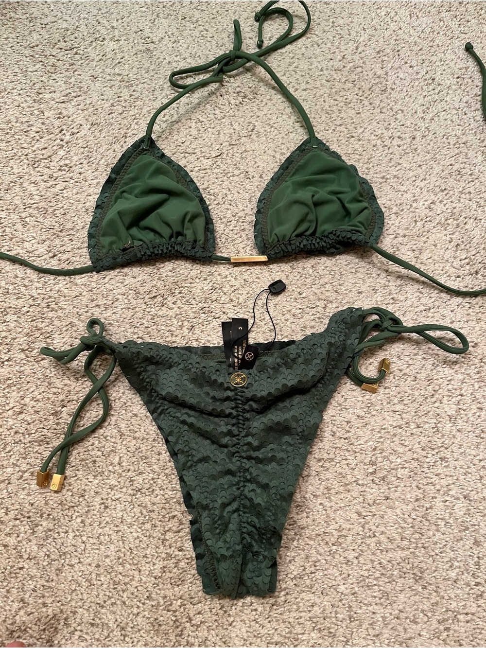 Vix Dark Green Textured Tie-Side Bikini with Gold Accents